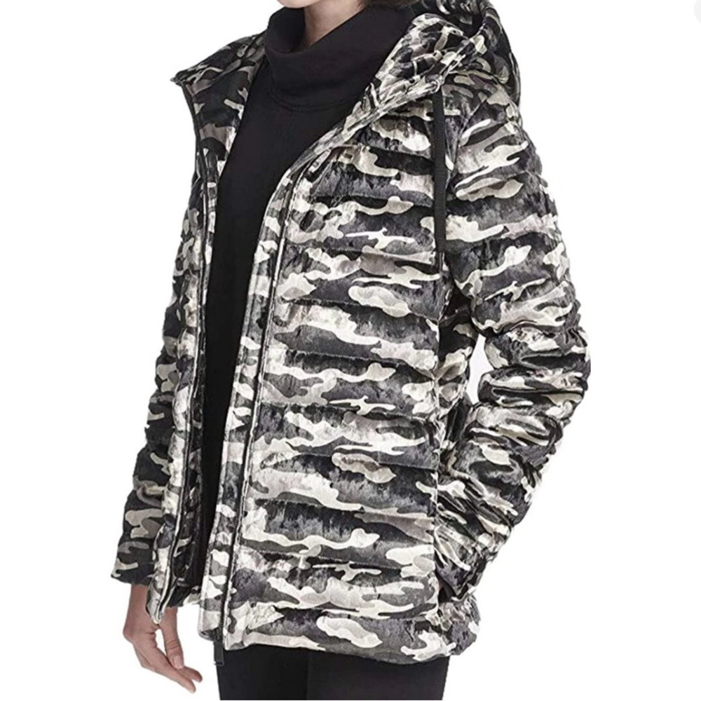 DKNY Gray and Black Puffer Jacket with Hood